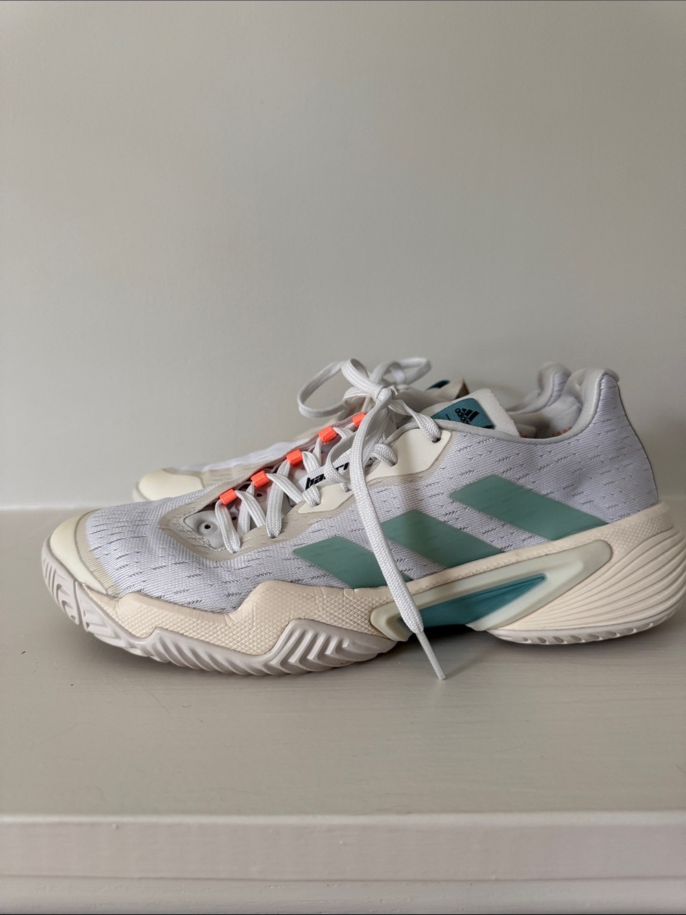 Adidas Barricade Tennis Shoes – White / Mint Green / Orange Accents